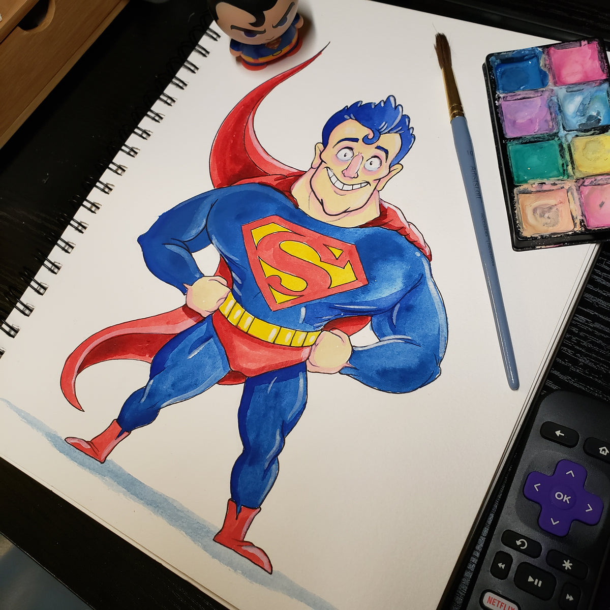SUPERMAN STANDING 9 in. X 12 in. WATERCOLOR painting CANVASBYCHRIS
